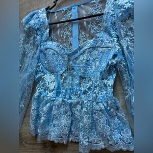 Gorgeous lace light blue ruffle hem blouse